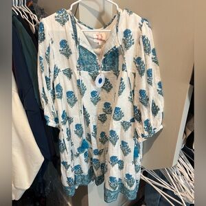 NWT Victoria Dunn Blue Turquoise Boho Tassel Block Print Floral Dress Size Large